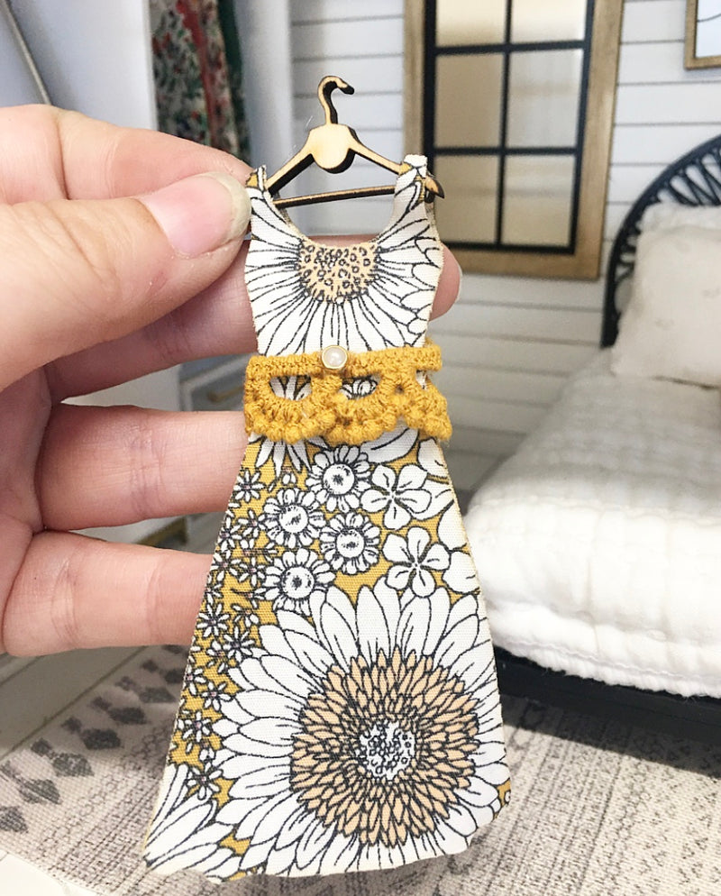 1:12 Scale | Miniature Farmhouse Dress On Hanger Gold Sunflowers