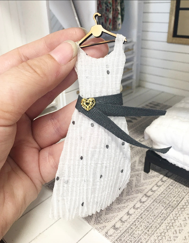 1:12 Scale | Miniature Farmhouse Dress On Hanger White Polkadot