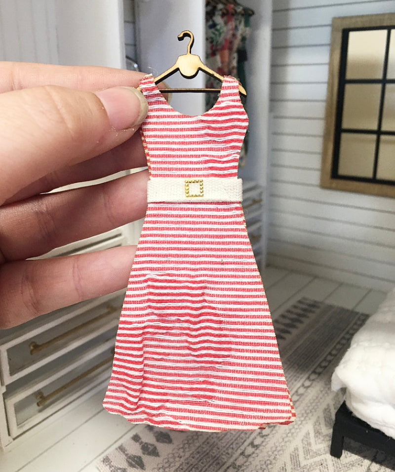 1:12 Scale | Miniature Farmhouse Dress On Hanger Red Stripe