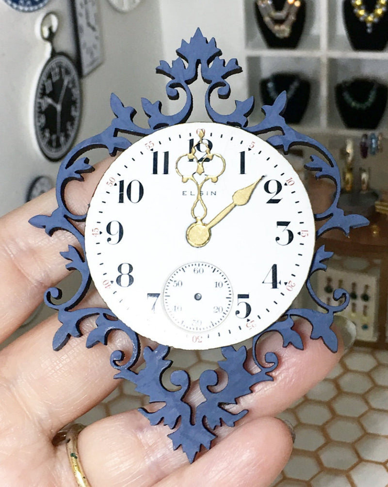 Miniature Dollhouse Wall Clock 1:12 Scale | Ink Blue Filigree Clock Gold Hands