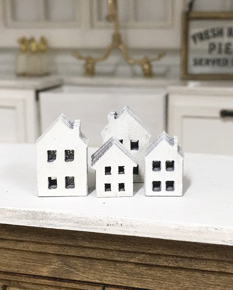 Miniature Farmhouse White Tin House Ornaments 4PC Set