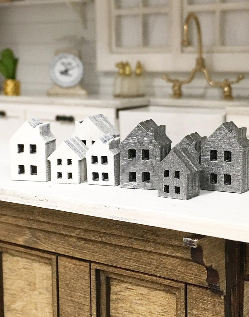 Miniature Farmhouse Tin & White House Ornaments 8PC Set