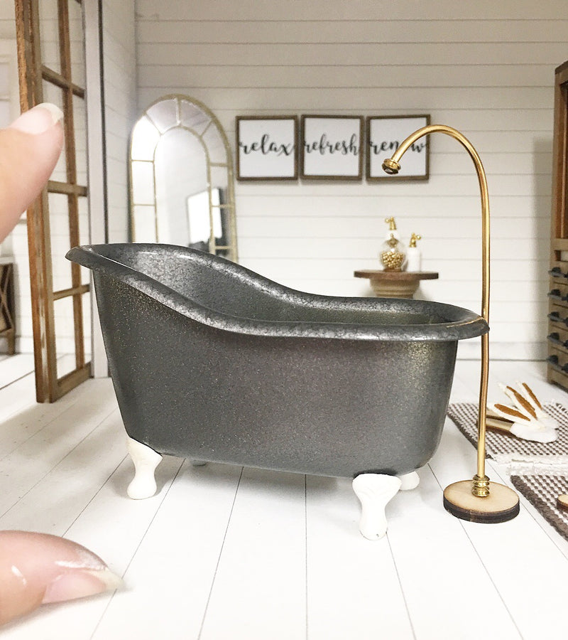 Miniature Farmhouse Bathtub & Faucet | Metal Silver with White Feet